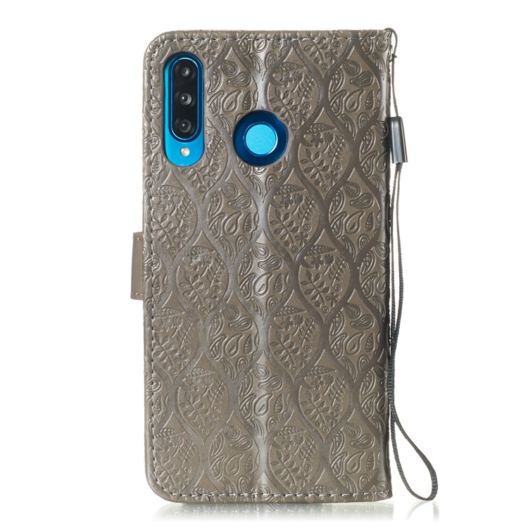 Imprint Rattan Flower Pattern Wallet Flip Leather Phone Cover with Strap for Huawei P30 Lite / Huawei Nova 4e - Grey-3