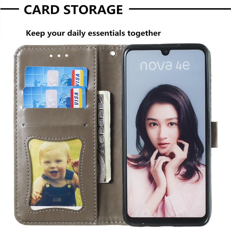 Imprint Rattan Flower Pattern Wallet Flip Leather Phone Cover with Strap for Huawei P30 Lite / Huawei Nova 4e - Grey-8