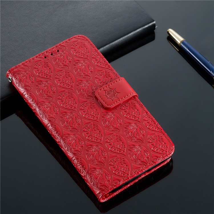 Imprint Rattan Flower Pattern Wallet Flip Leather Phone Cover with Strap for Huawei P30 Lite / Huawei Nova 4e - Red-9