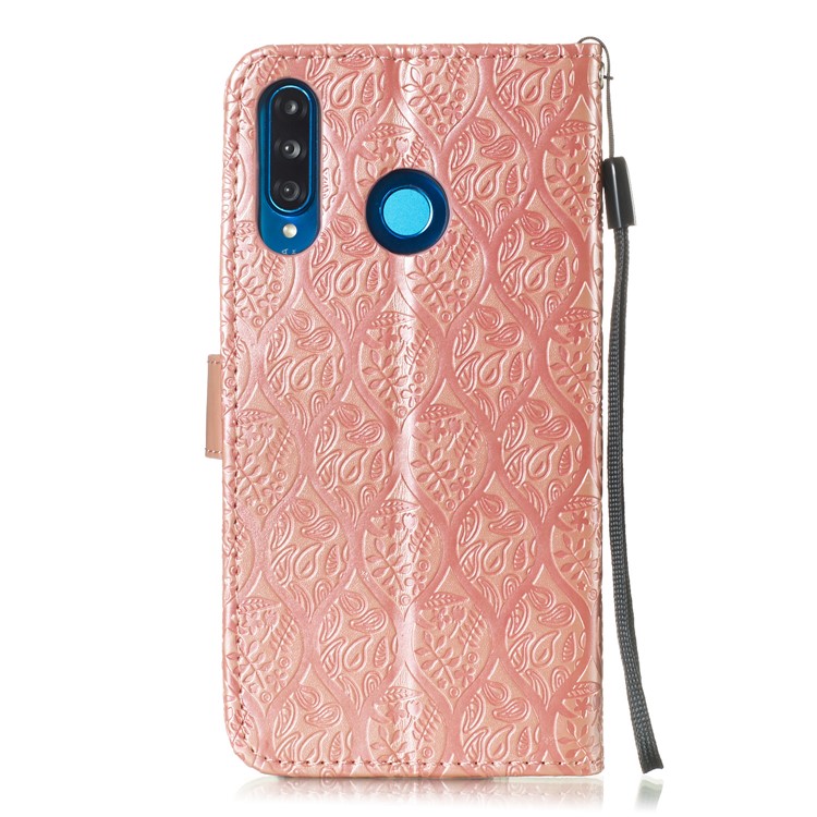 Imprint Rattan Flower Pattern Wallet Flip Leather Phone Cover with Strap for Huawei P30 Lite / Huawei Nova 4e - Rose Gold-3