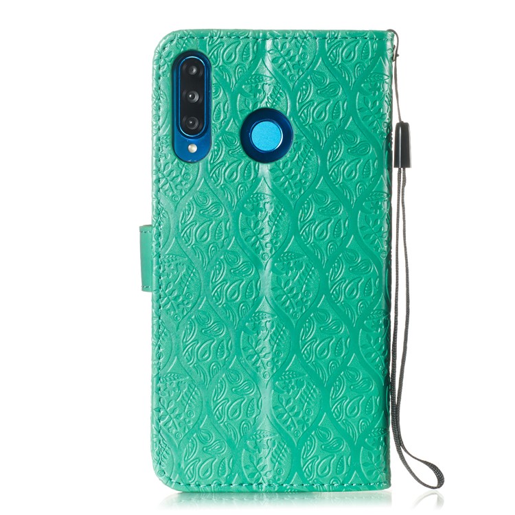 Imprint Rattan Flower Pattern Wallet Flip Leather Phone Cover with Strap for Huawei P30 Lite / Huawei Nova 4e - Green-3