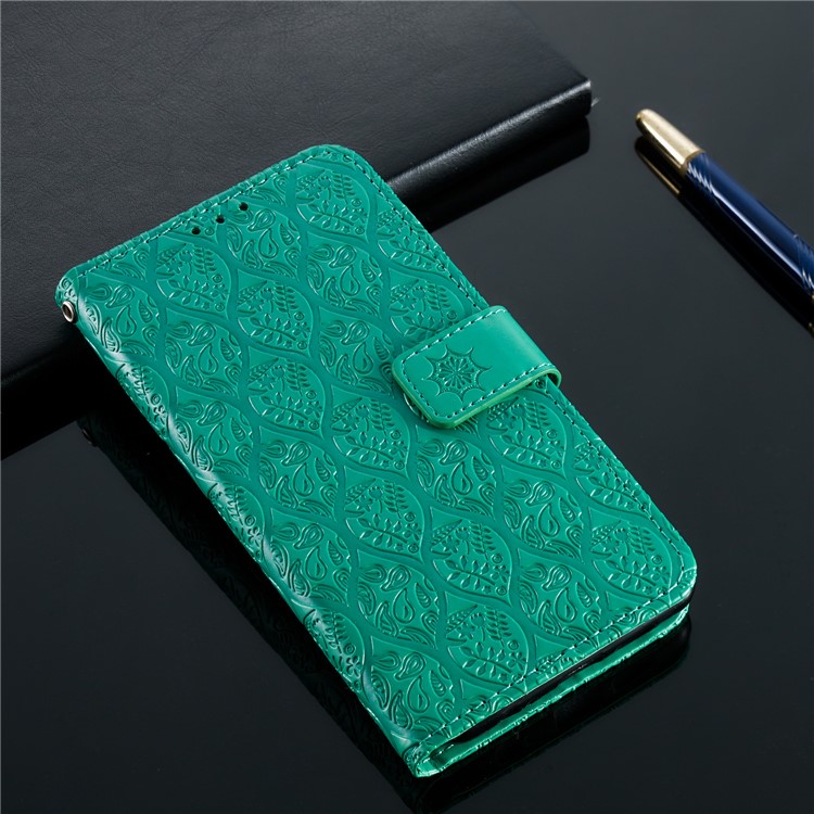 Imprint Rattan Flower Pattern Wallet Flip Leather Phone Cover with Strap for Huawei P30 Lite / Huawei Nova 4e - Green-9