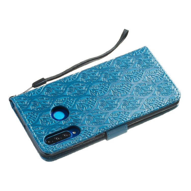 Imprint Rattan Flower Pattern Wallet Flip Leather Phone Cover with Strap for Huawei P30 Lite / Huawei Nova 4e - Baby Blue-5