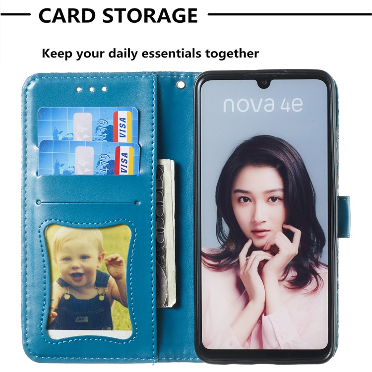 Imprint Rattan Flower Pattern Wallet Flip Leather Phone Cover with Strap for Huawei P30 Lite / Huawei Nova 4e - Baby Blue-8