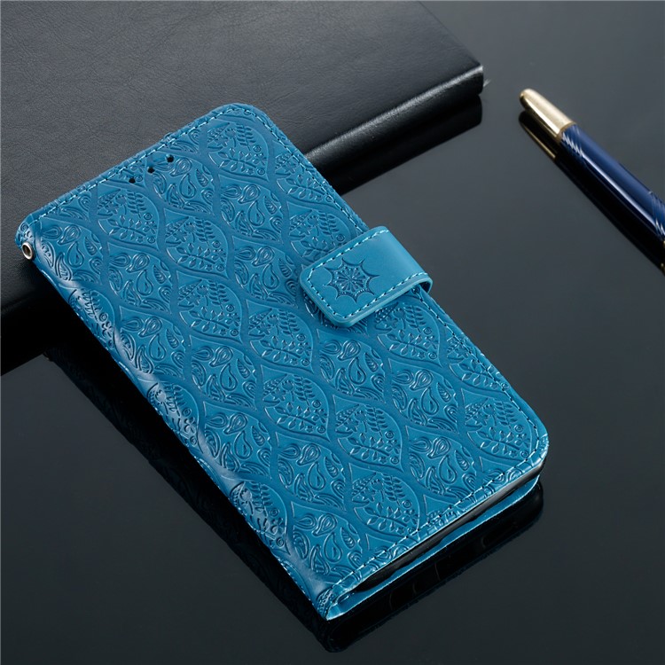 Imprint Rattan Flower Pattern Wallet Flip Leather Phone Cover with Strap for Huawei P30 Lite / Huawei Nova 4e - Baby Blue-9