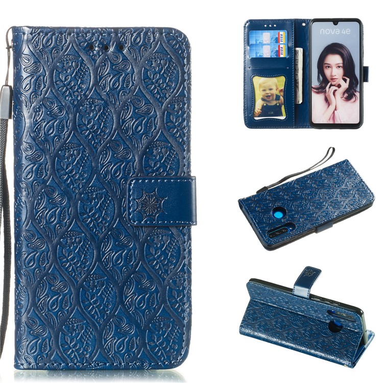 Imprint Rattan Flower Pattern Wallet Flip Leather Phone Cover with Strap for Huawei P30 Lite / Huawei Nova 4e - Dark Blue-1