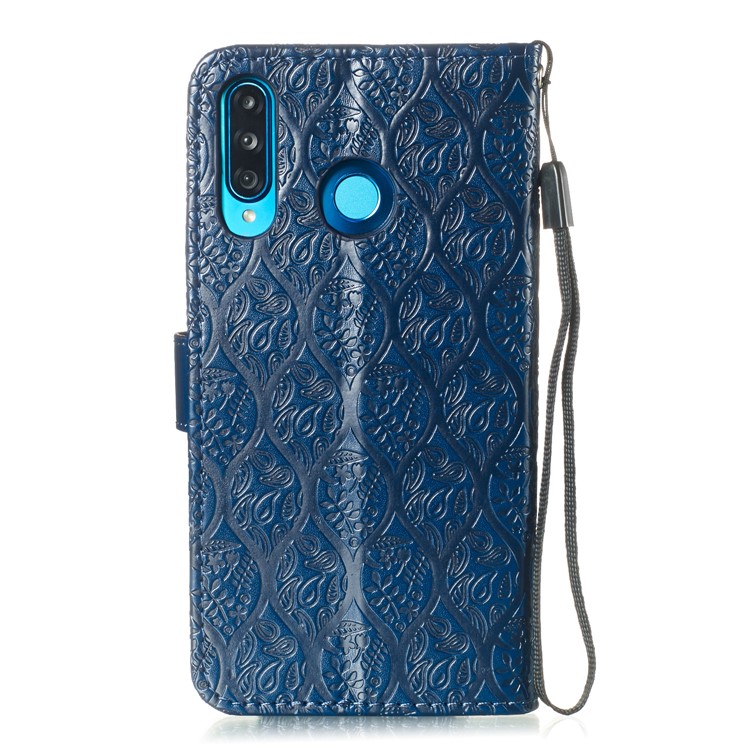 Imprint Rattan Flower Pattern Wallet Flip Leather Phone Cover with Strap for Huawei P30 Lite / Huawei Nova 4e - Dark Blue-3