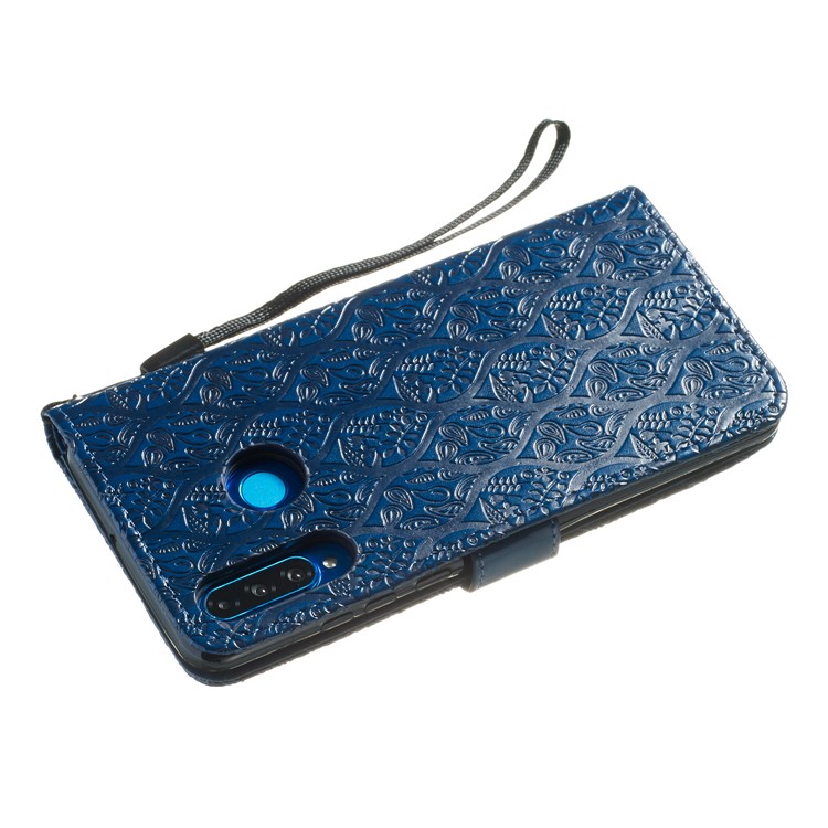 Imprint Rattan Flower Pattern Wallet Flip Leather Phone Cover with Strap for Huawei P30 Lite / Huawei Nova 4e - Dark Blue-5