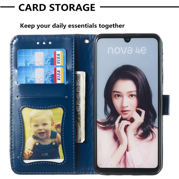 Imprint Rattan Flower Pattern Wallet Flip Leather Phone Cover with Strap for Huawei P30 Lite / Huawei Nova 4e - Dark Blue-8