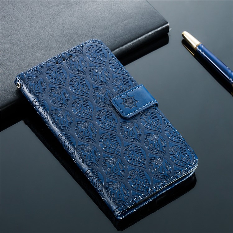 Imprint Rattan Flower Pattern Wallet Flip Leather Phone Cover with Strap for Huawei P30 Lite / Huawei Nova 4e - Dark Blue-9