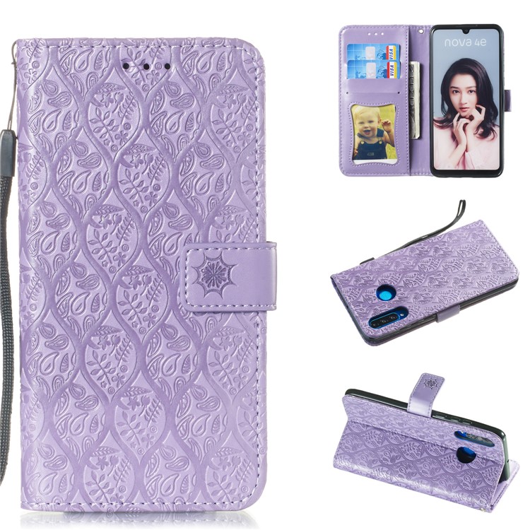 Imprint Rattan Flower Pattern Wallet Flip Leather Phone Cover with Strap for Huawei P30 Lite / Huawei Nova 4e - Purple-1