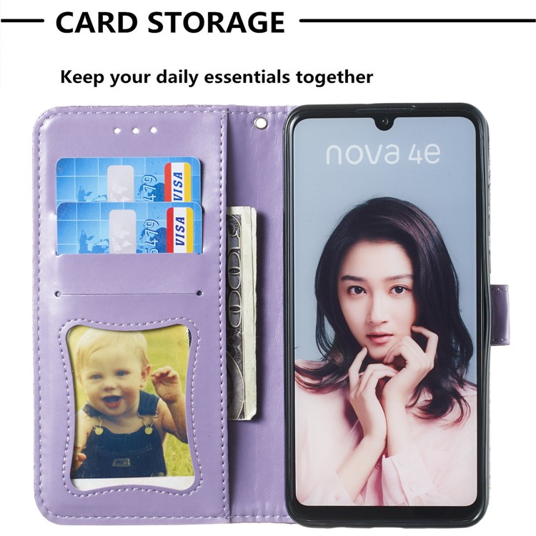 Imprint Rattan Flower Pattern Wallet Flip Leather Phone Cover with Strap for Huawei P30 Lite / Huawei Nova 4e - Purple-8