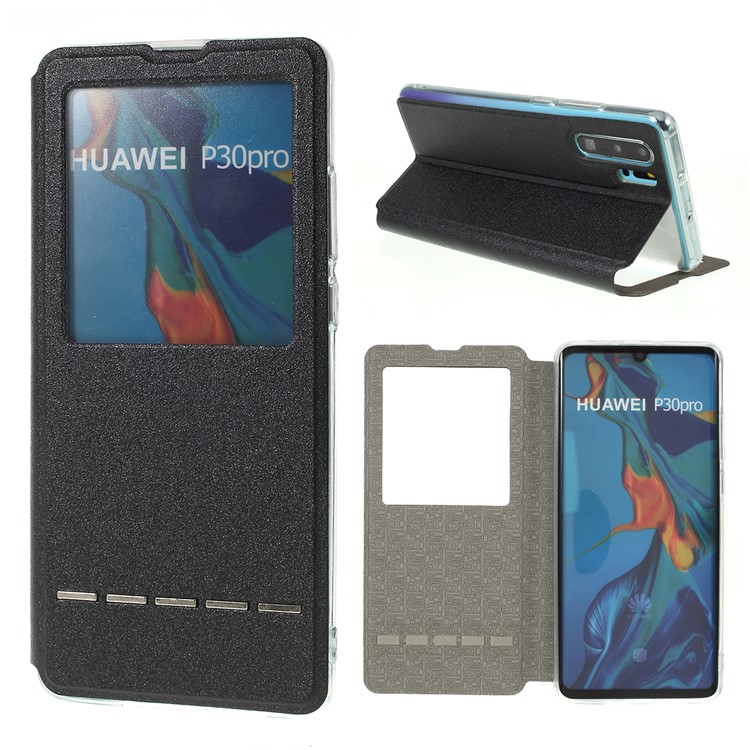 View Window Stand Leather Protective Casing with Touch Slide Button for Huawei P30 Pro - Black-1