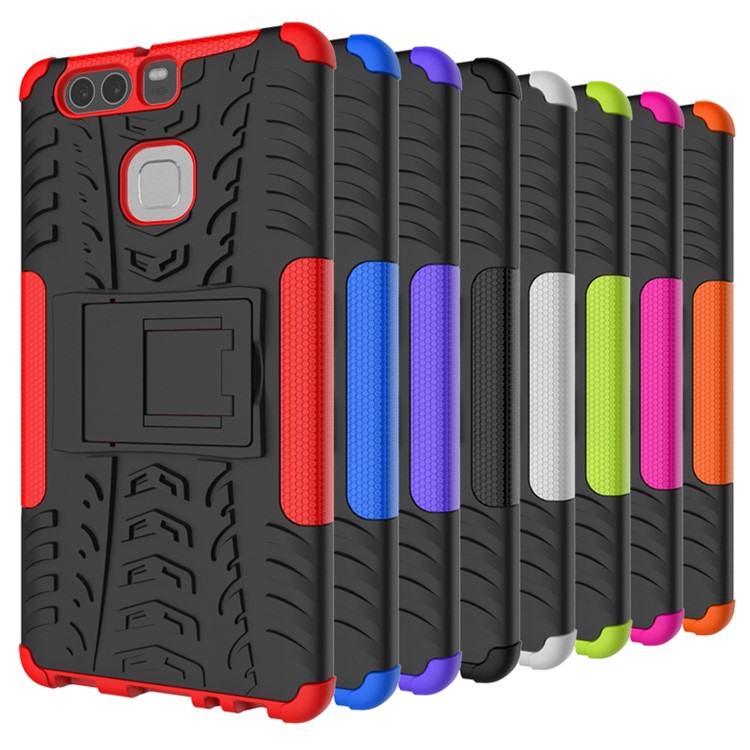 Two Pieces TPU + PC Hybrid Case with Kickstand for Huawei P9 - Black-11