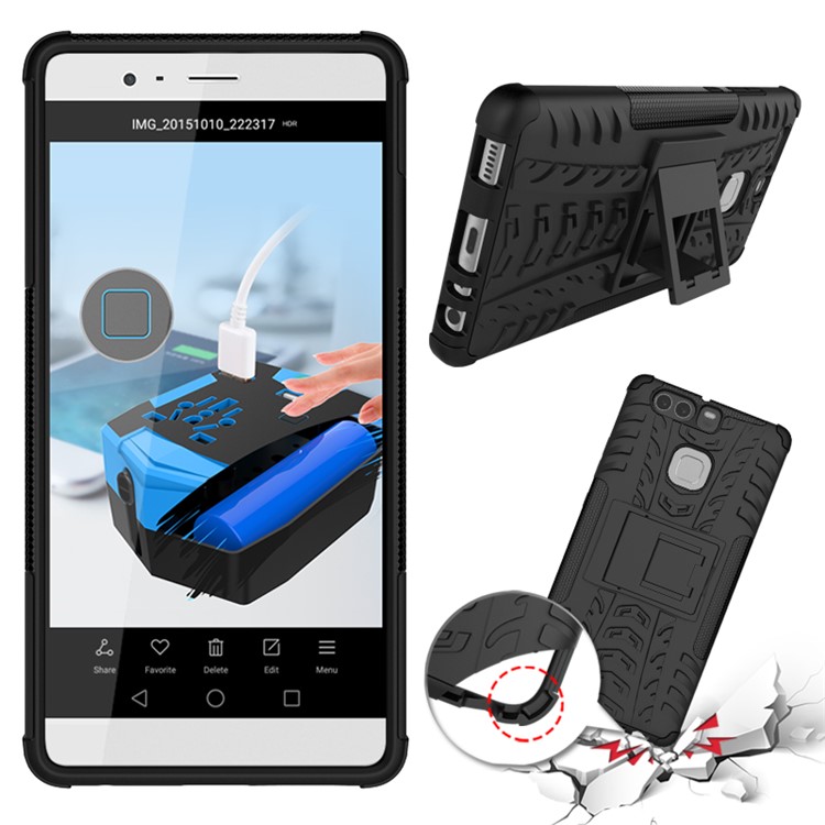 Two Pieces TPU + PC Hybrid Case with Kickstand for Huawei P9 - Black-2
