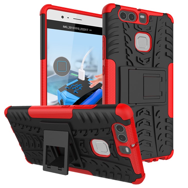 Two Pieces TPU + PC Hybrid Case Cover with Kickstand for Huawei P9 - Red-1