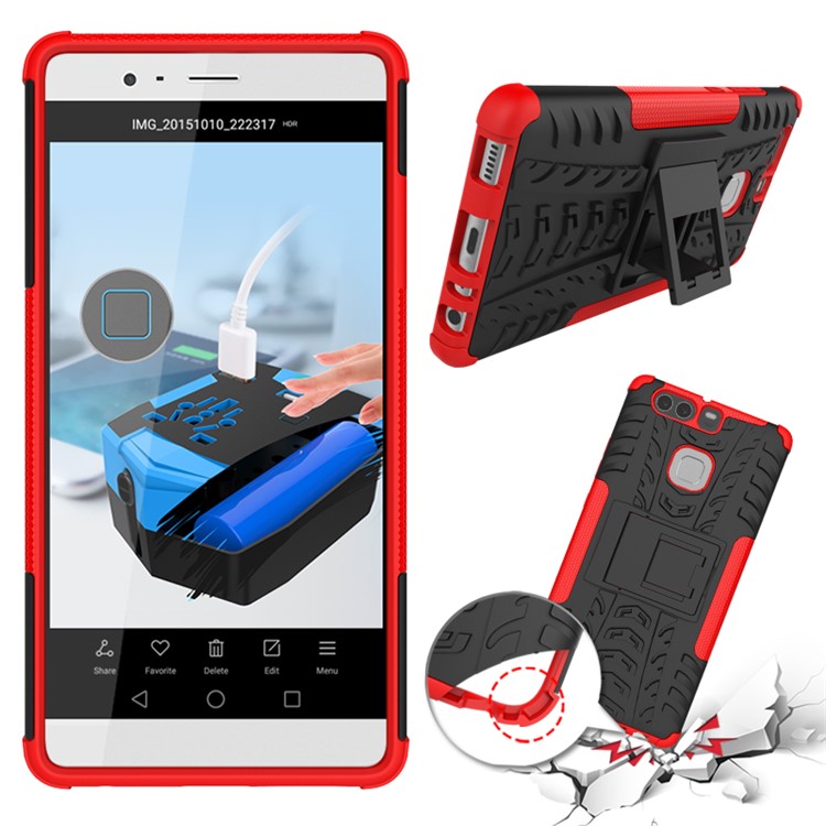 Two Pieces TPU + PC Hybrid Case Cover with Kickstand for Huawei P9 - Red-2
