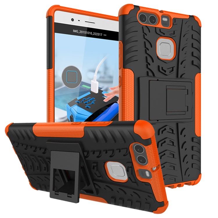 Two Pieces TPU + PC Hybrid Cover Case with Kickstand for Huawei P9 - Orange-1