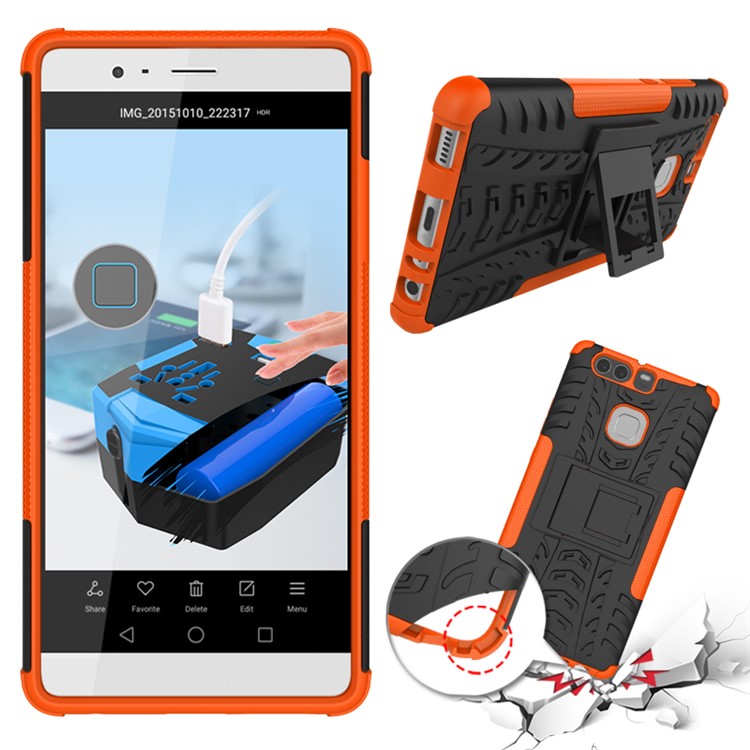 Two Pieces TPU + PC Hybrid Cover Case with Kickstand for Huawei P9 - Orange-2