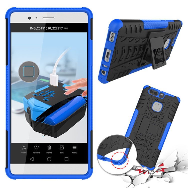 Two Pieces TPU + PC Hybrid Case Cover with Kickstand for Huawei P9 - Blue-2