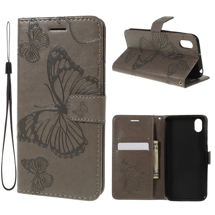 Imprint Butterfly Leather Wallet Phone Shell for Huawei Honor 8S / Y5 (2019) - Grey-1