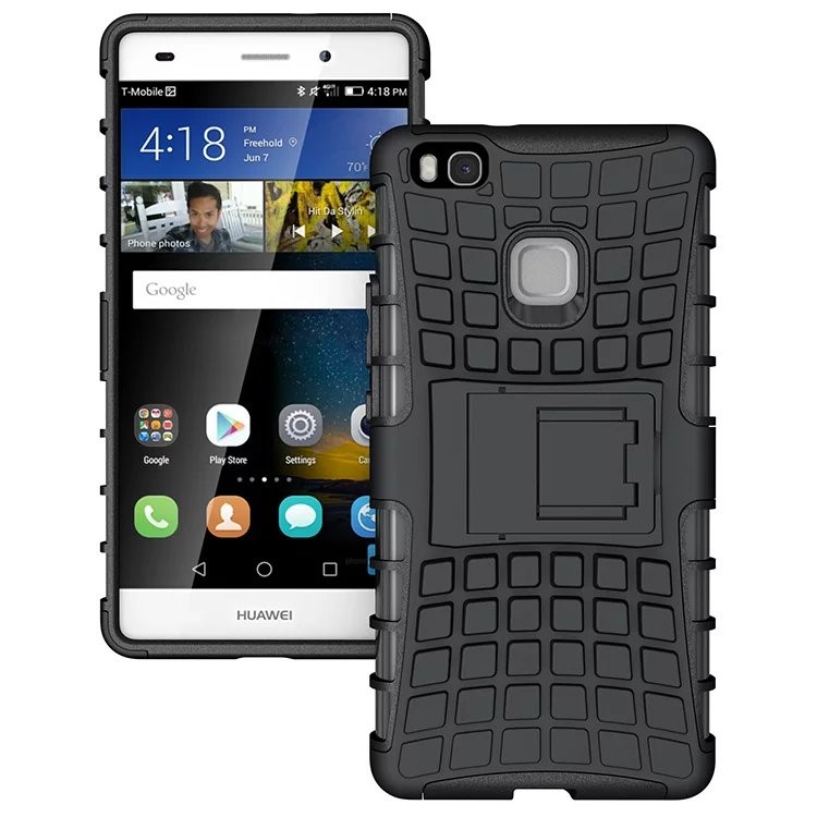 Snap-on Anti-slip PC + TPU Hybrid Case with Kickstand for Huawei P9 Lite - Black-1