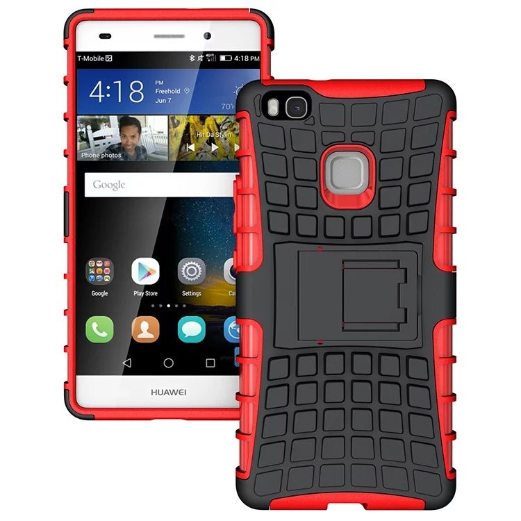Snap-on Anti-slip PC + TPU Hybrid Case Cover with Kickstand for Huawei P9 Lite - Red-1