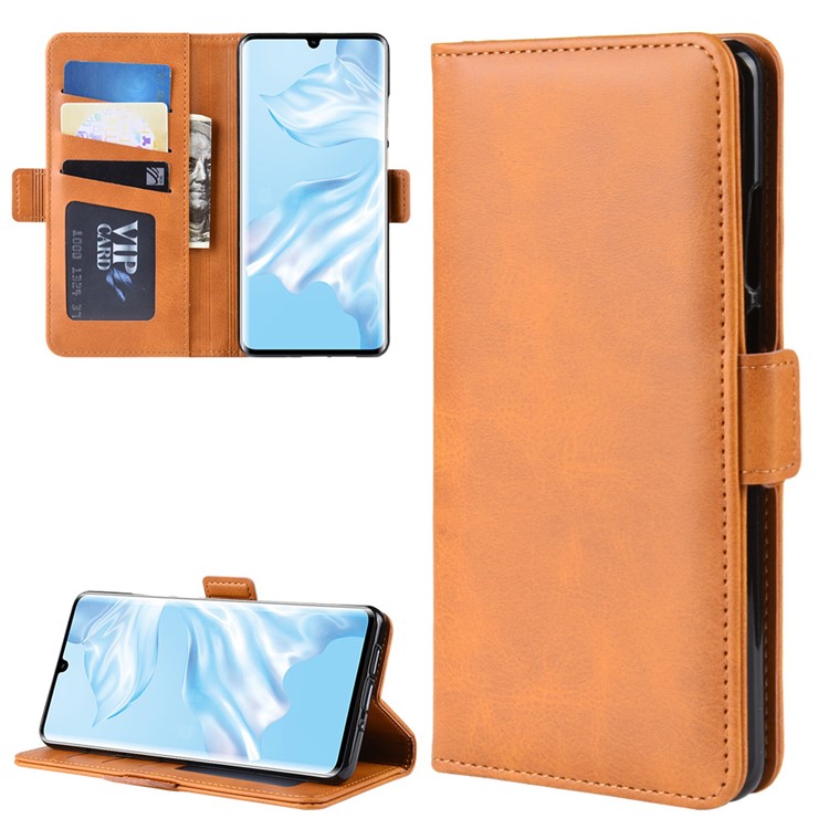 Dual-clasp Leather Wallet Stand Phone Case Cover for Huawei P30 Pro - Light Brown-1