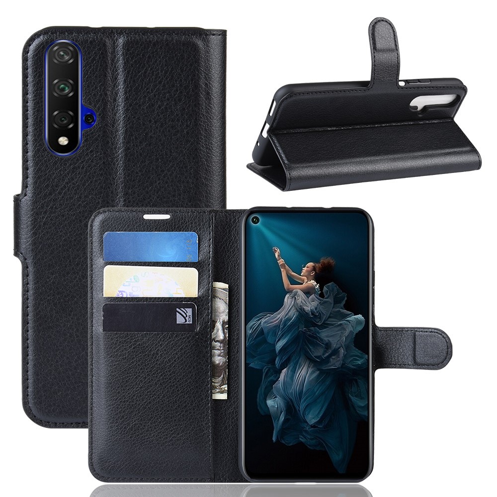 Litchi Skin Leather Wallet Stand Case for Huawei Honor 20S / Honor 20 - Black-1