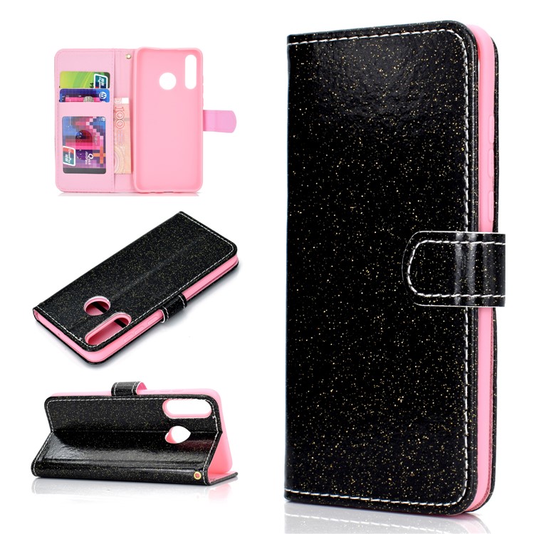 Flash Powder Wallet Stand PU Leather Phone Shell for Huawei P Smart+ 2019 / Enjoy 9s - Black-1