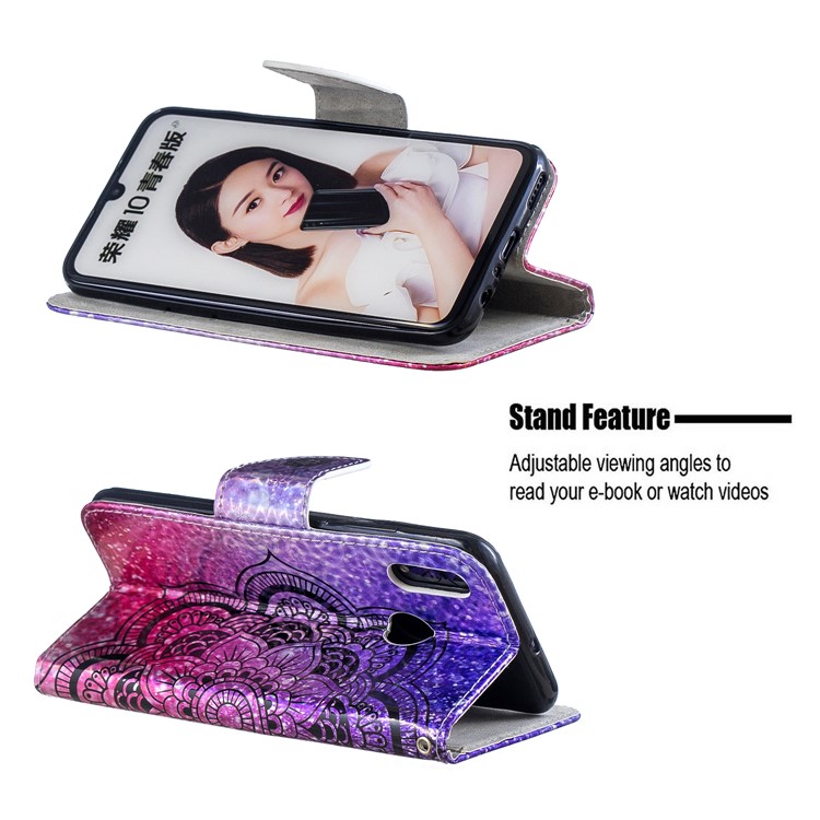 Laser Carving Pattern Printing Wallet Leather Casing with Strap for Huawei P Smart (2019)/Honor 10 Lite - Flower-5