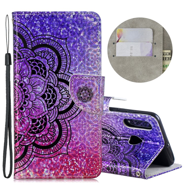 Laser Carving Pattern Printing Wallet Stand Leather Case with Strap for Huawei P30 Lite/nova 4e - Flower-1