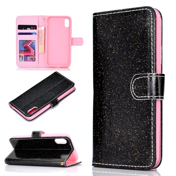 Shiny Powder Leather Wallet Phone Case for Huawei Honor 8S - Black-1