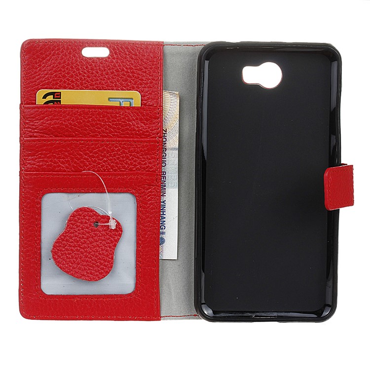 Litchi Grain Genuine Leather Case with Stand Card Slots for Huawei Y5II / Y5II - Red-4