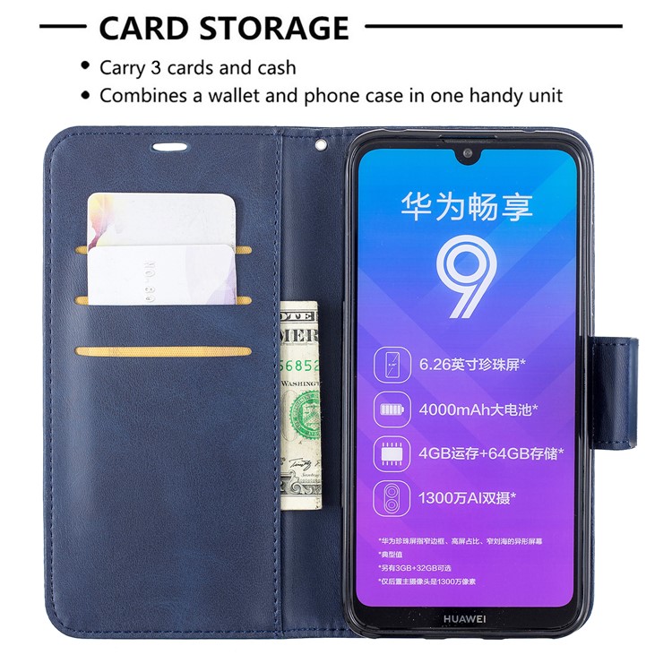 pu Leather Wallet Stand Téléphone Couverture Pour Huawei Y7 (2019) / Y7 Prime (2019) - Bleu