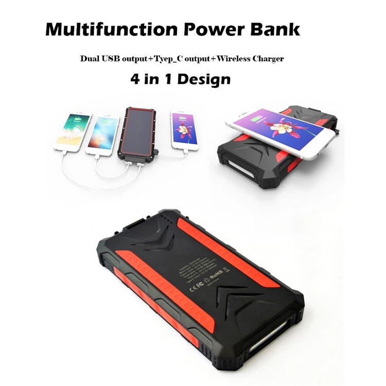 20000mAh Multifunctional Solar Power Bank Dual USB Wireless Desk Charger Glare Flashlight (Not Support FOD Function) - Red-2