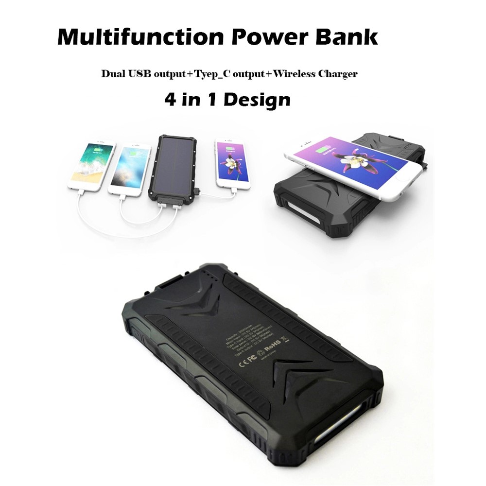 20000mAh Multifunktional Solar Power Bank Dual USB Wireless Desk Ladegerät Blendung Taschenlampe (Support FOD -funktion) - Schwarz