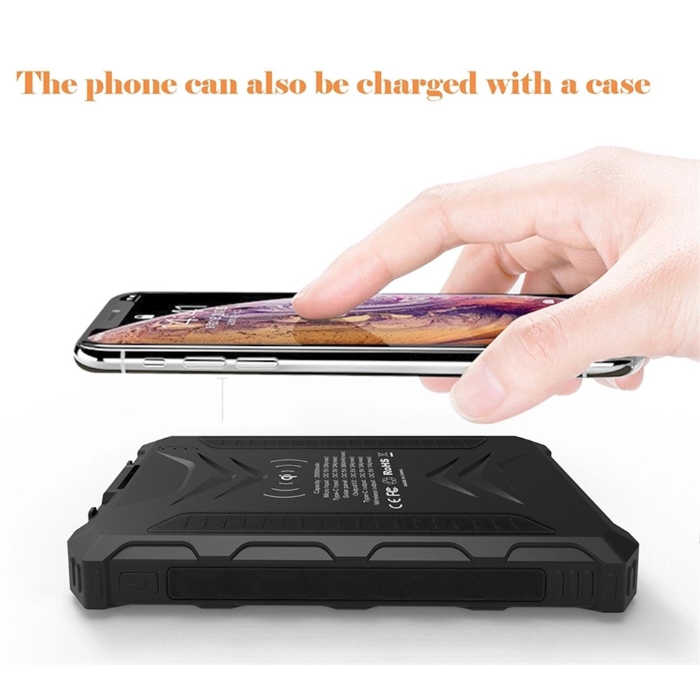 20000mah Multifuncional Banco de Energía Solar Dual USB Wireless Desk Charger Glare Linterna (función FOD de Soporte) - Negro