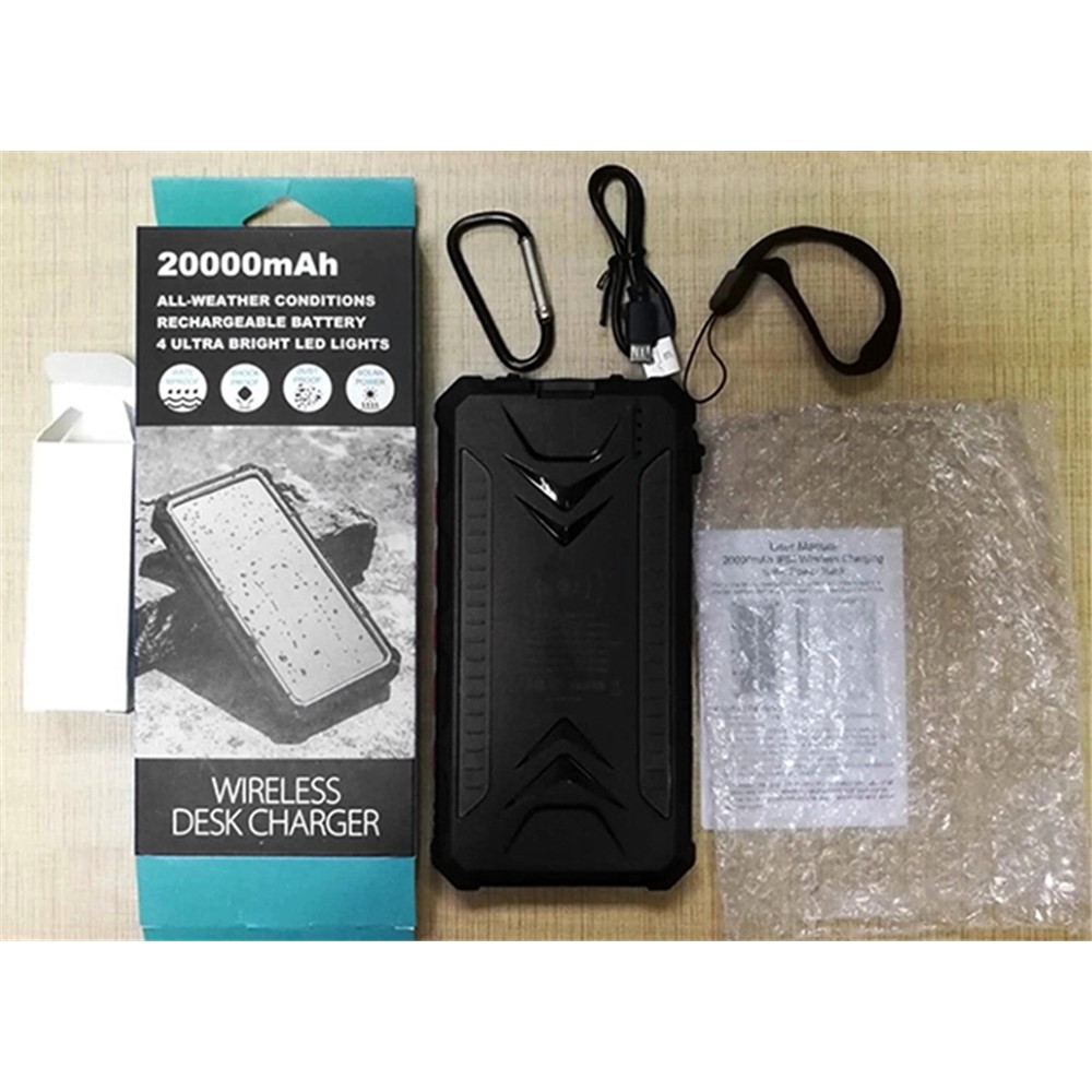 20000mah Multifuncional Banco de Energía Solar Dual USB Wireless Desk Charger Glare Linterna (función FOD de Soporte) - Negro