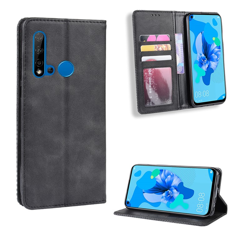 Auto-absorbed Vintage Leather Wallet Phone Shell for Huawei P20 lite (2019)/Nova 5i - Black-1