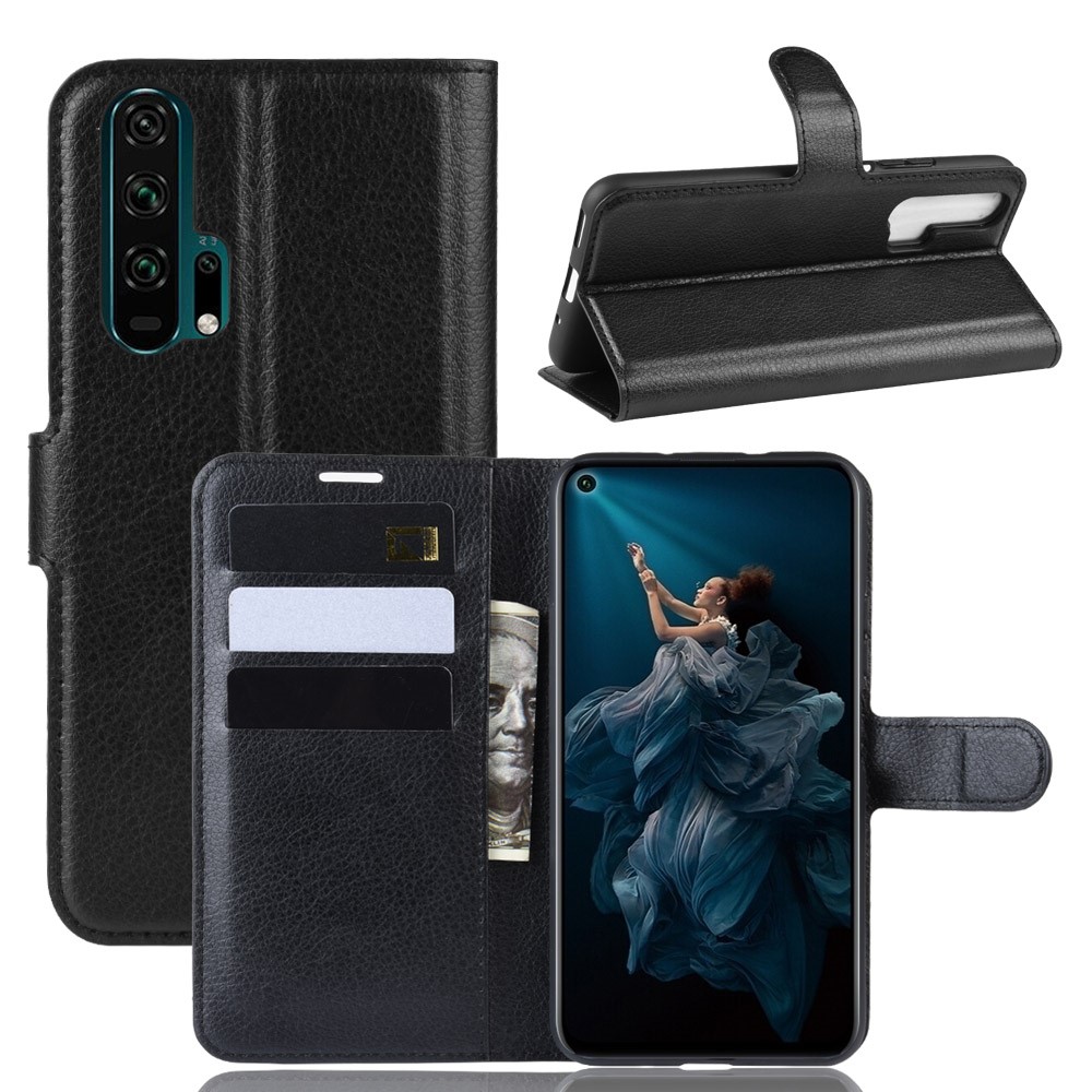 Litchi Skin Wallet Leather Stand Phone Shell for Huawei Honor 20 Pro - Black-1