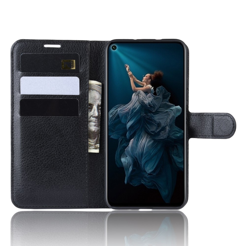 Litchi Skin Wallet Leather Stand Phone Shell for Huawei Honor 20 Pro - Black-4