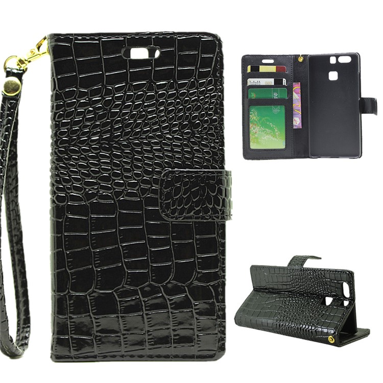 For Huawei P9 Crocodile Texture Leather Wallet Case - Black-1