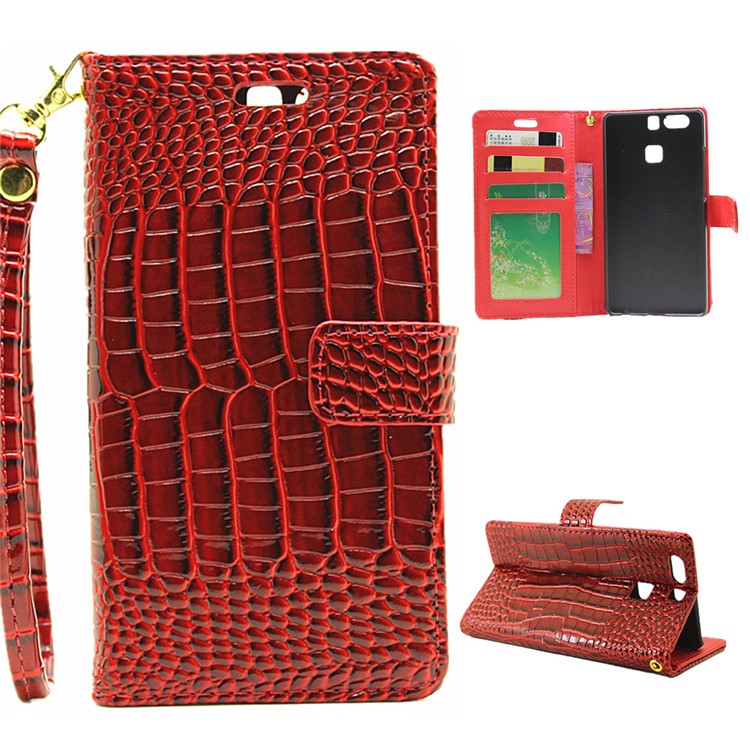 For Huawei P9 Crocodile Texture Leather Wallet Shell - Red-1