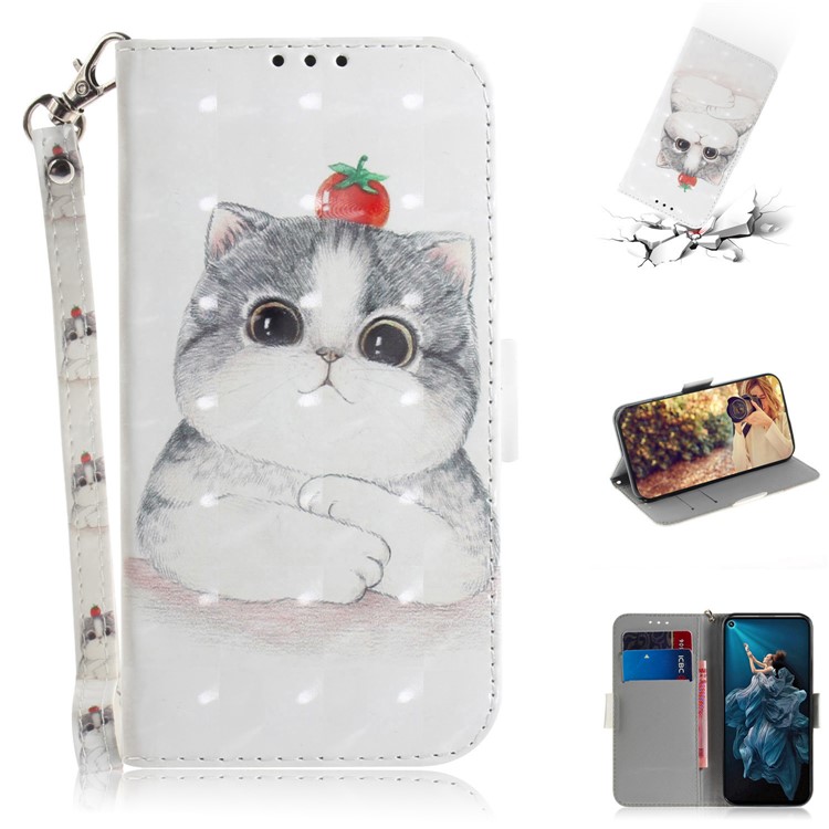 Pattern Printing Light Spot Decor Leather Wallet Phone Cover with Strap for Huawei Honor 20 Pro - White Cat-1