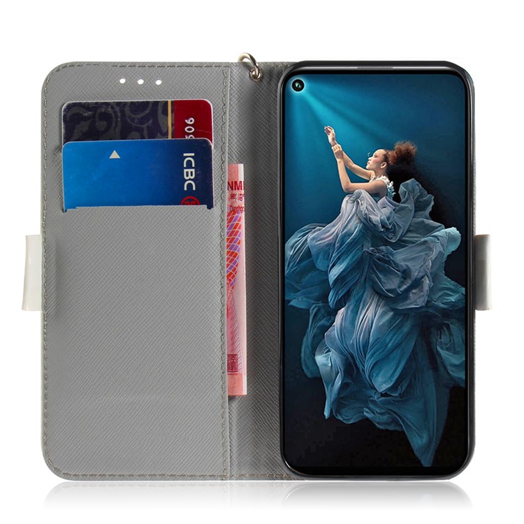 Pattern Printing Light Spot Decor Leather Wallet Phone Cover with Strap for Huawei Honor 20 Pro - White Cat-7