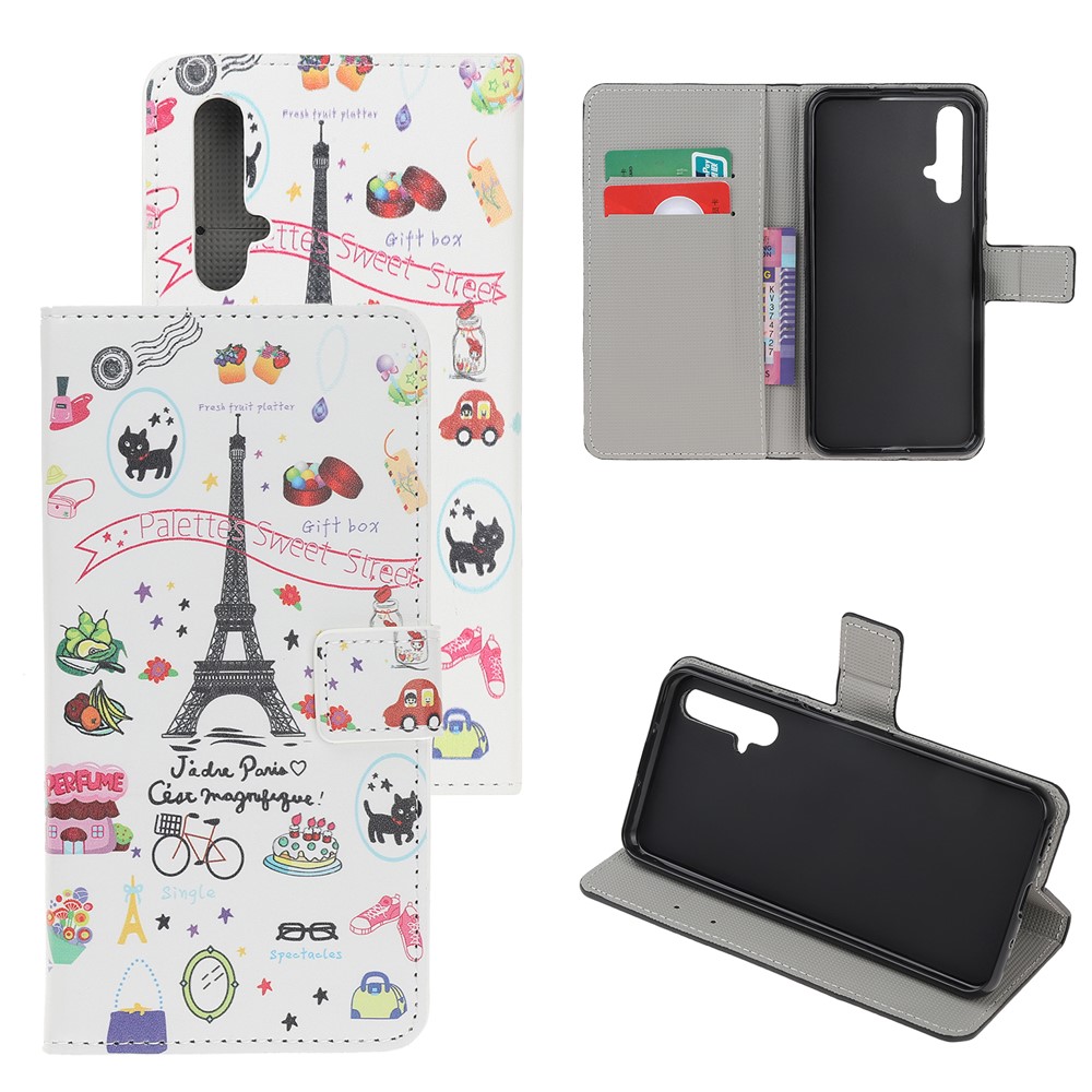 Padrão Printing Leather Wallet Stand Caso Para Huawei Honor 20s / Honra 20 / Nova 5t - Torre Eiffel