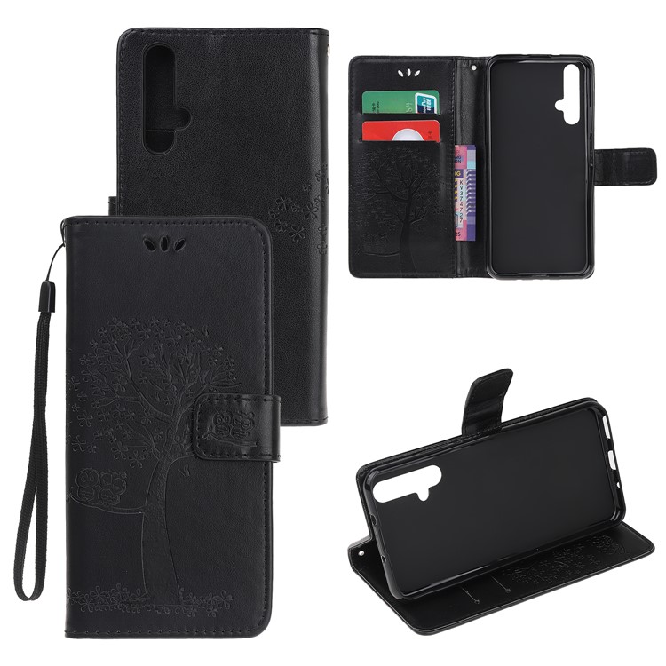 Imprint Tree Owl Leather Wallet Case for Huawei Honor 20 - Black-1