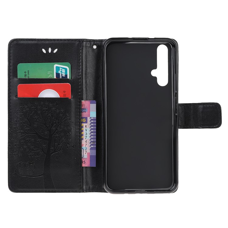 Imprint Tree Owl Leather Wallet Case for Huawei Honor 20 - Black-5