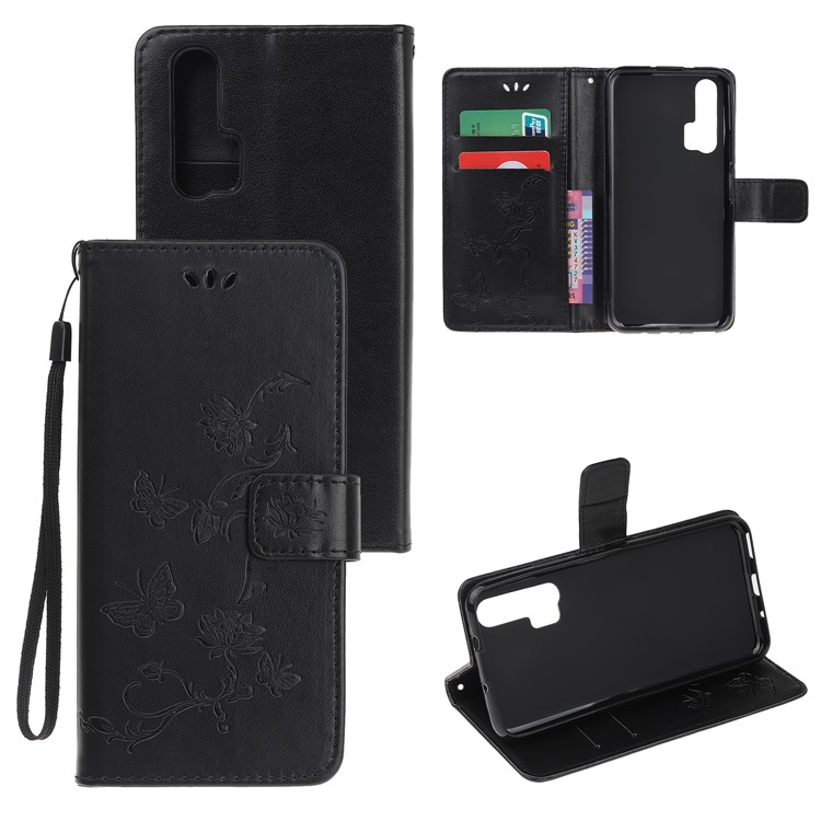 Imprint Butterfly Flowers Leather Wallet Case for Huawei Honor 20 Pro - Black-1